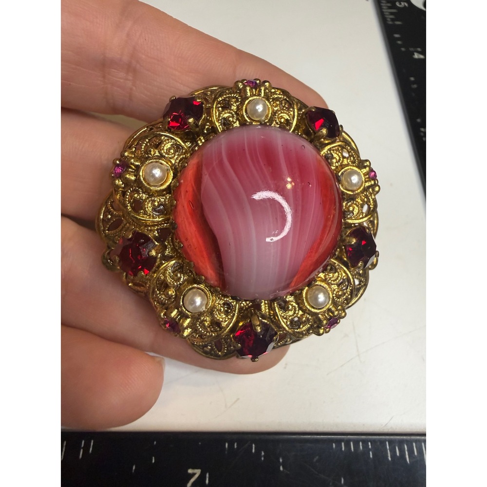 Vintage Gold Tone Filigree Slag Glass Brooch Pink Red Rhinestone Faux Pearl 2"